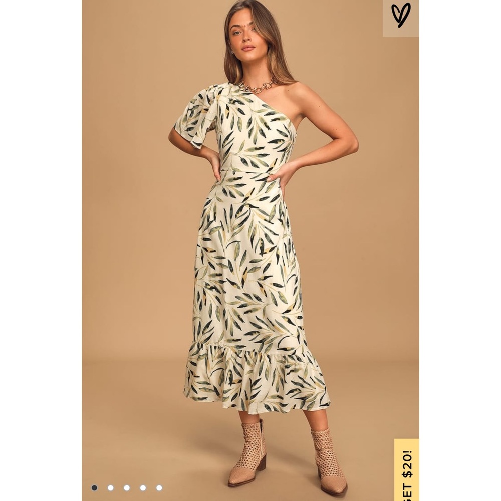 Truly tropic cream leaf one shoulder midi dress